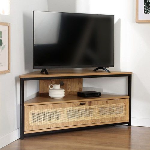 Meuble Tv D'angle 1 Porte Avec Cannage Rotin L100cm