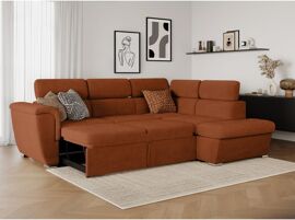 Canapé d'angle droit convertible en velours côtelé terracotta