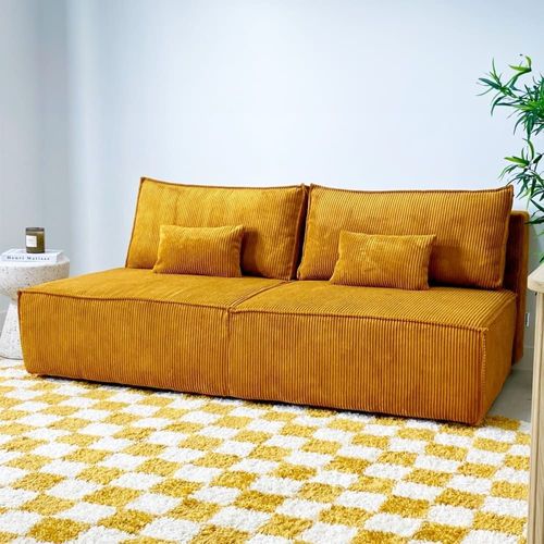 Canapé Convertible 3 Places En Velours Côtelé Jaune Moutarde