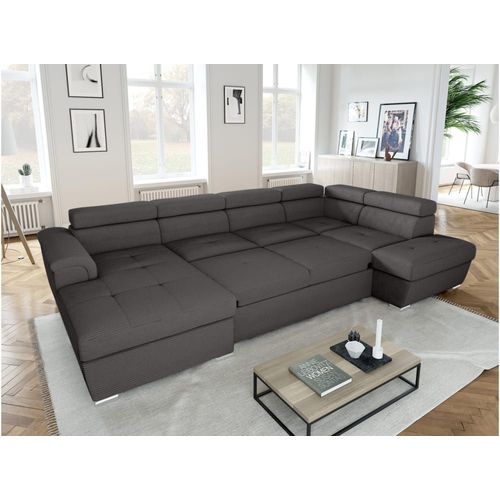 Canapé Panoramique Convertible Avec 2 Coffres En Velours Côtelé Gris