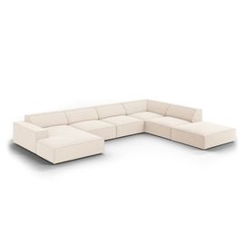 Canapé D'angle Droit Panoramique 7 Places En Tissu Velours Beige Clair