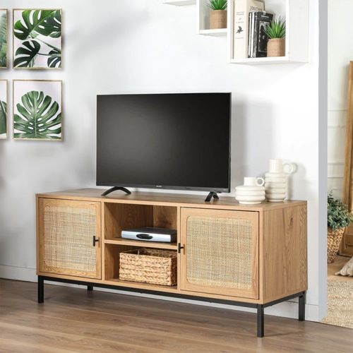 Meuble Tv 2 Portes Avec Cannage Rotin Et 2 Niches - L120cm