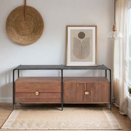 Meuble Tv En Marbre Avec Rangement En Acacia Massif 152 Cm