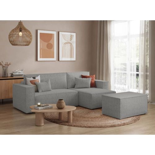 Canapé D'angle Convertible Avec Pouf En Tissu Texturé 3d - Gris Clair