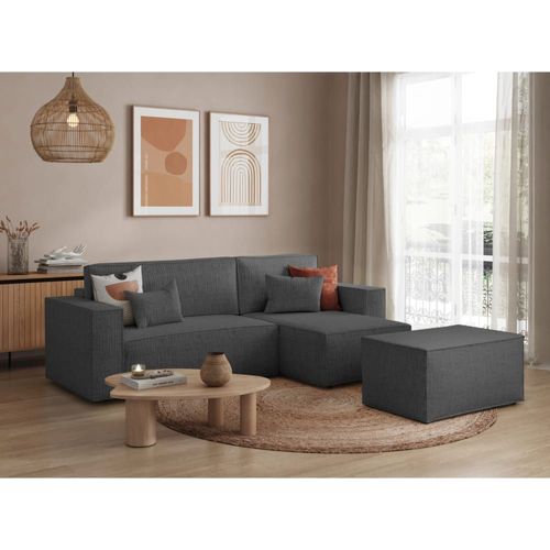 Canapé D'angle Convertible Avec Pouf En Tissu Texturé 3d - Gris Foncé