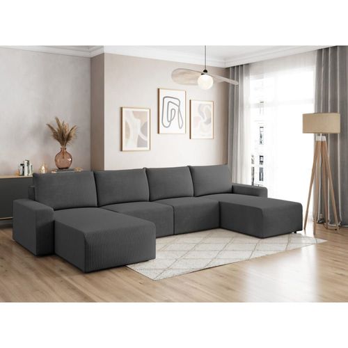 Canapé Panoramique Fixe 6 Places En Velours Côtelé - Gris