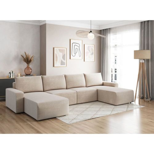 Canapé Panoramique Fixe 6 Places En Velours Côtelé - Beige