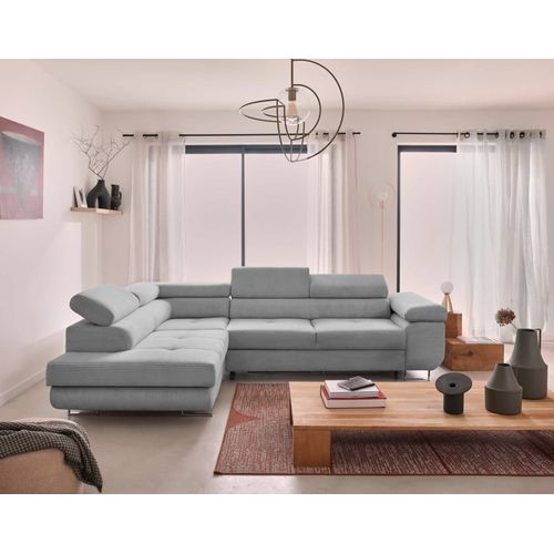 Canapé D'angle Gauche Convertible 5 Places En Velours Côtelé Gris