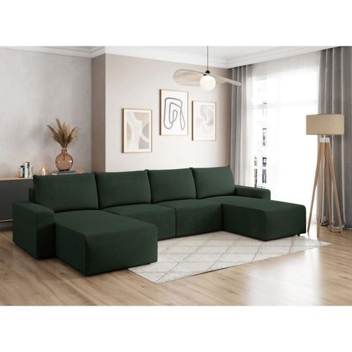 Canapé Panoramique Fixe 6 Places En Velours Côtelé - Vert Foncé