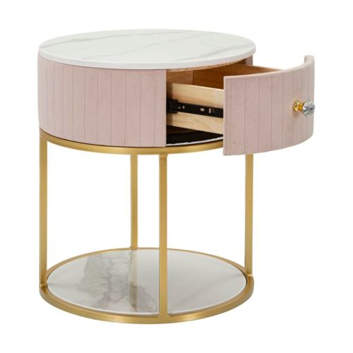 Table De Chevet En Métal Tissu Bois Doré Rose Blanc Ø 42x48 Cm