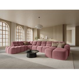 Canapé D'angle Gauche Panoramique 7 Places En Tissu Velours Saumon