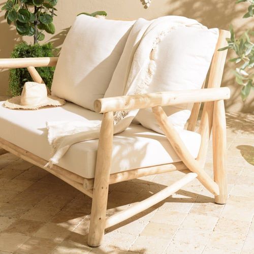 Canapé 2 Places En Branches De Teck Naturel Coussins Blancs