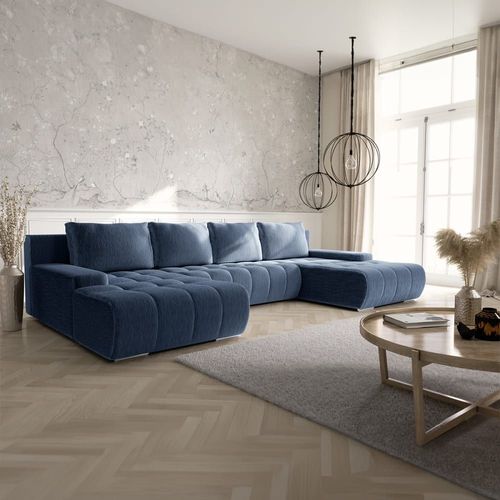 Canapé Panoramique 5 Places Convertible Coffre Velours Côtelé Bleu