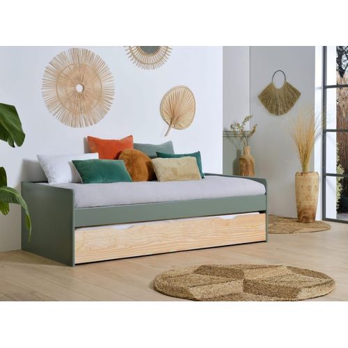 Lit Gigogne Banquette 90x190 En Pin Massif Kaki Et Pin