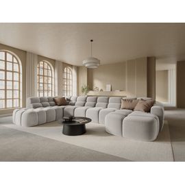 Canapé D'angle Gauche Panoramique 7 Places Tissu Velours Beige Clair