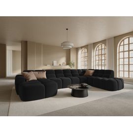 Canapé D'angle Droit Panoramique 7 Places En Tissu Velours Noir