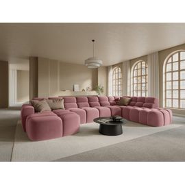 Canapé D'angle Droit Panoramique 7 Places En Tissu Velours Saumon