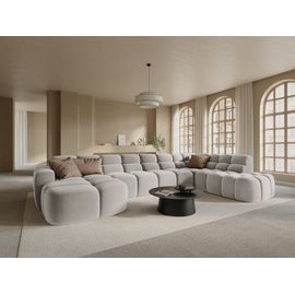 Canapé D'angle Droit Panoramique 7 Places En Tissu Velours Beige Clair
