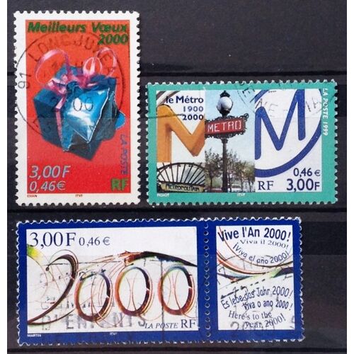 Meilleurs Voeux 2000 Cadeau 3,00 (N° 3290) + Vive L'an 2000 (Logo 2000) 3,00 (N° 3291) + Métro 3,00 (N° 3292) Obl - France Année 1999 - N20259