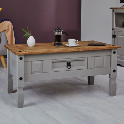 Table Basse 1 Tiroir En Bois Massif, Coloris Gris Et Naturel
