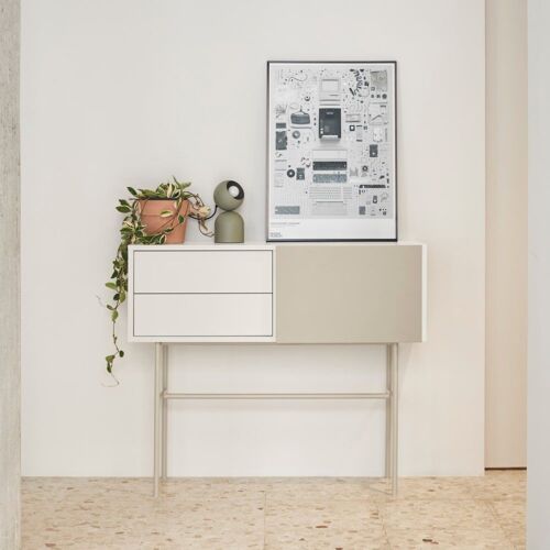 Console avec 2 tiroirs et porte coulissante laquée crème 110x90 cm