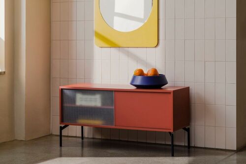 Mini meuble TV en panneaux de fibres de bois avec portes, rouge