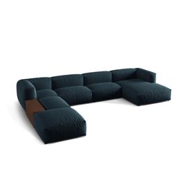 Canapé D'angle Panoramique 5 Places Tissu Structurel Blue Jeans