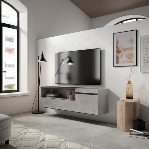 Meuble Tv Effet Bois Ciment 150x35x45cm Suspendu