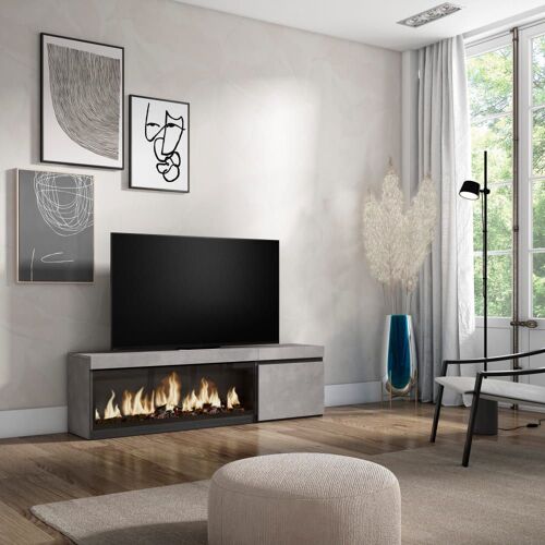 Meuble tv effet bois ciment 158x35x45cm cheminée effet feu XXL