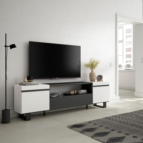 Meuble tv effet bois blanc et noir 200x35x57cm avec pieds