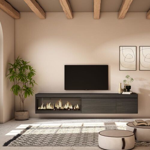 Meuble tv effet bois noir 237x35x45cm cheminée effet feu XXL