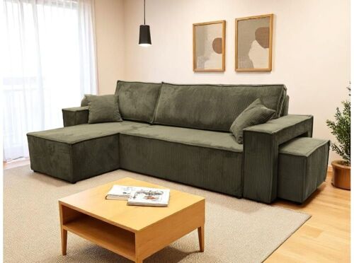 Canapé d'angle convertible avec un pouf en velours côtelé - Vert kaki