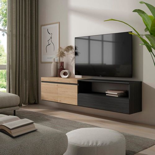 Meuble Tv Effet Bois Chêne Et Noir 200x35x45cm Suspendu