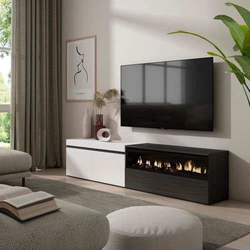 Meuble Tv Effet Bois Blanc Et Noir 200x35x45cm Cheminée Effet Feu