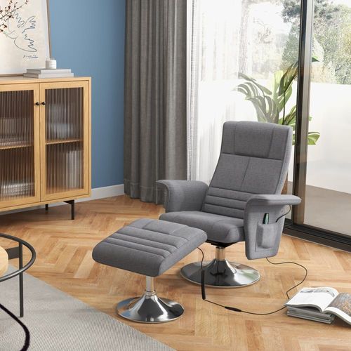 Fauteuil Relax Massant Avec Pouf Tissu Effet Lin Gris Foncé