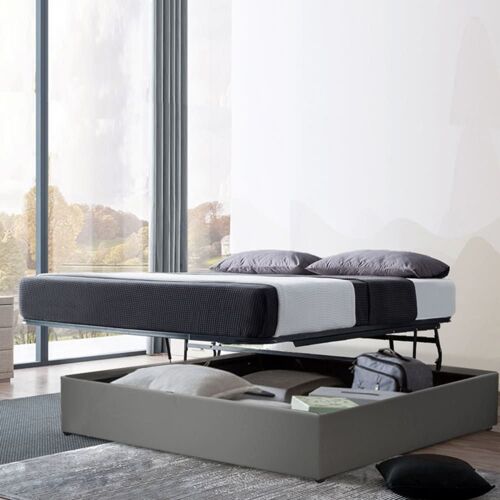 Lit coffre ouverture parallèle simili cuir gris 140x190 cm
