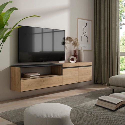 Meuble Tv Effet Bois Chêne Et Noir 200x35x45cm Suspendu