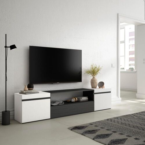 Meuble tv effet bois blanc et noir 200x35x45cm