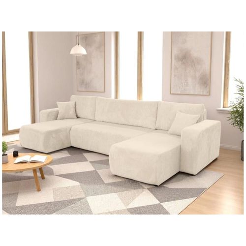 Canapé D'angle Panoramique Convertible 6 Places Velours Côtelé Beige