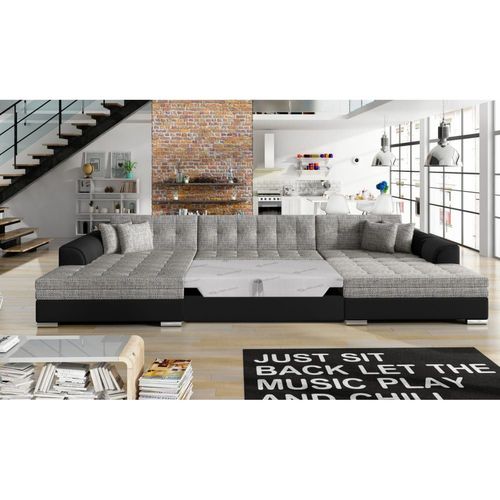 Canapé D'angle Panoramique 5 Places En Simili Et Tissu Noir/Gris Clair