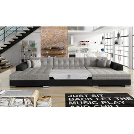 Canapé D'angle Panoramique 5 Places En Simili Et Tissu Noir/Gris Clair