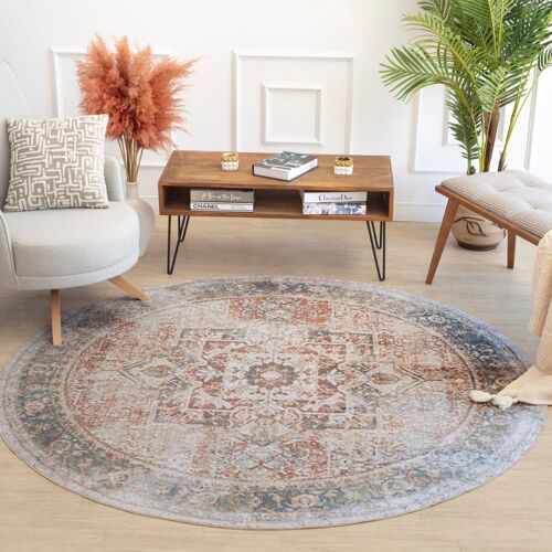 Tapis Rond Vintage Lavable En Machine Marron/Ivoire Ø 200