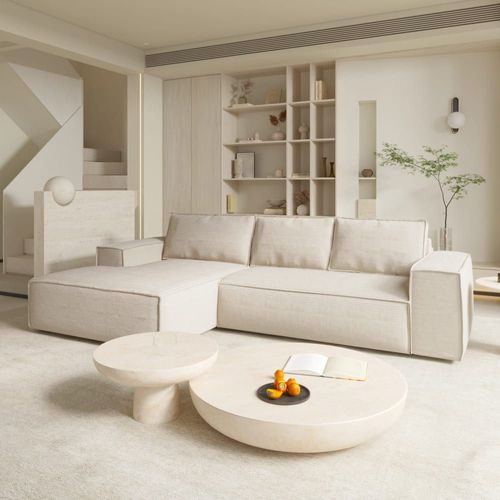 Canapé Convertible Angle Gauche Dunlopillo Velours Côtelé Crème 140cm