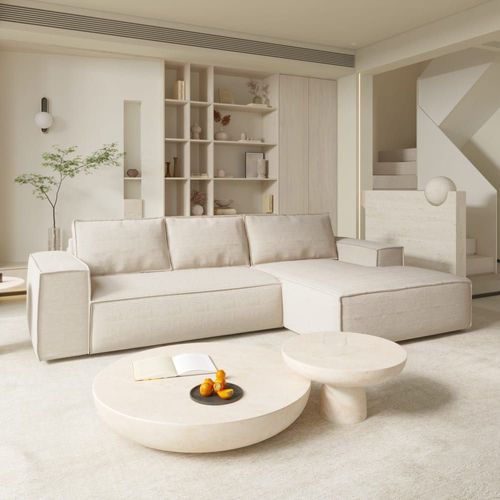 Canapé Convertible Angle Droit Dunlopillo Velours Côtelé Crème 140cm