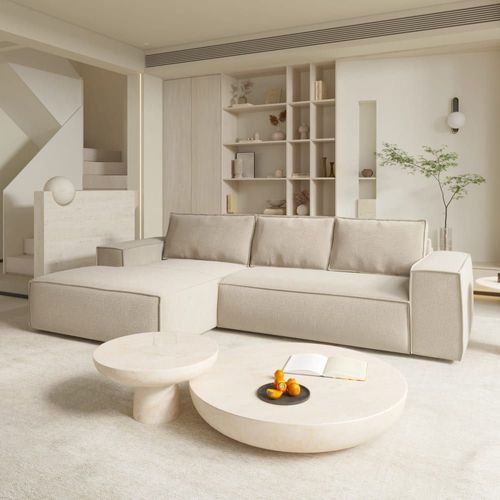 Canapé Convertible Angle Gauche Matelas Velours À Motifs Crème 140cm