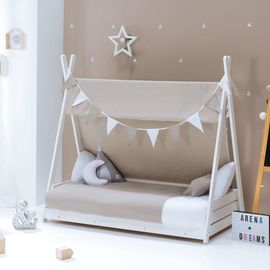 Lit D'enfant Montessori 70x140 Cm Avec Matelas Et Textile Beige