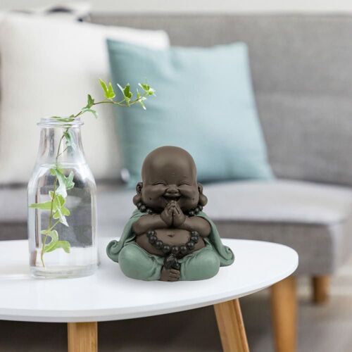 Statue décoration Mini Bouddha Rieur en résine Vert & Marron - H7,5 cm