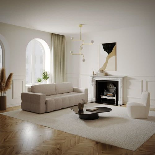 Canapé 4 places convertible coffre noyer bouclette beige