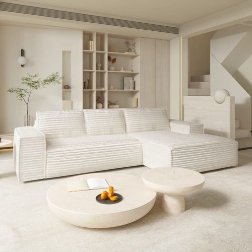 Canapé Convertible Angle Droit Velours Côtelé Xxl Crème 140cm