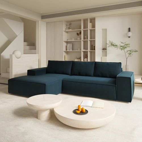 Canapé Convertible Angle Gauche Dunlopillo Velours Bleu Paon 140cm